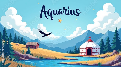 Colorful and bright illustration of the Aquarius horoscope in Kyrgyzstan