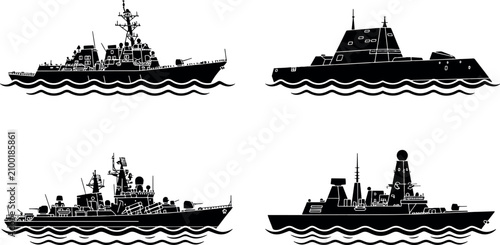 Foto Set of silhouettes of military naval ships and warships with military silhouette