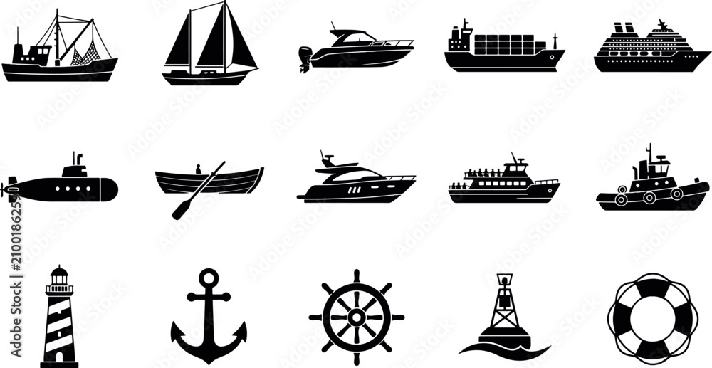 Naklejka premium Collection of nautical and maritime silhouette icons featuring various types of ships boats lighthouse anchor steering wheel and buoy for navigation and ocean travel design concepts