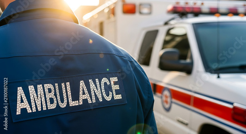 Closeup of an ambulance paramedic responding to an emergency medical rescue during sunset