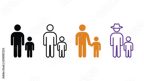 Colorful simple stick figure illustrations of adults with children  family and parenting symbols