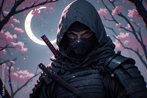 Mysterious ninja warrior under full moon in cherry blossom forest. Stealth assassin with katana ready for night combat in pink floral setting.
