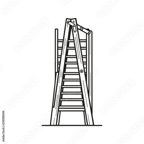 Black and white graphic of a classic wooden a-frame step ladder with equipment