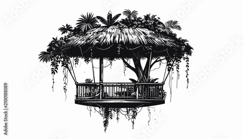 Foto Tropical hut with thatched roof structure.