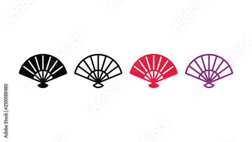 Four colorful hand held folding fans in different colors on white background