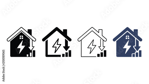 Four house icons with lightning bolts and decreasing energy consumption