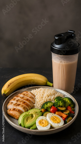High protein chicken and rice bulking meal with avocado, eggs, vegetables, banana and a recovery shake on a dark surface.
