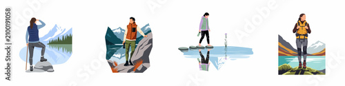 Obraz na płótnie Set of flat vector illustrations featuring people hiking and exploring scenic mountain landscapes with serene lakes and snowy peaks in the wilderness