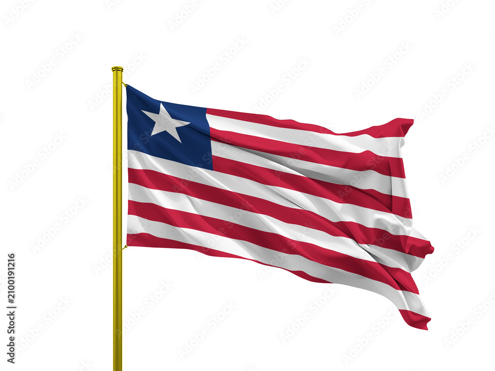 Obraz premium Liberia flag waving on a golden pole isolated on Transparent Background