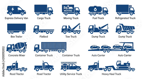 Set of commercial trucks and delivery vehicles in flat design. Vector icons of cargo, moving, and utility trucks for logistics and transportation i...