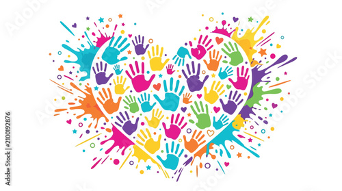 Colorful diverse hands raised in celebration and unity. Vibrant multicultural illustration of community support and teamwork.