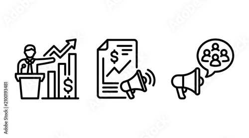 Business growth financial presentation and communication icons set with financial presentation business megaphone marketing announcement investment statistics analysis corporate communicatio