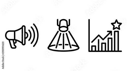 Marketing campaign promotion and strategic growth milestone performance icons with marketing promotion campaign performance milestone business strategy loudspeaker megaphone spotlight