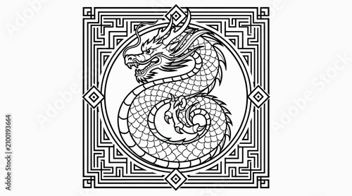 Stylized Asian Dragon with Maze Border, Black and White Line Art