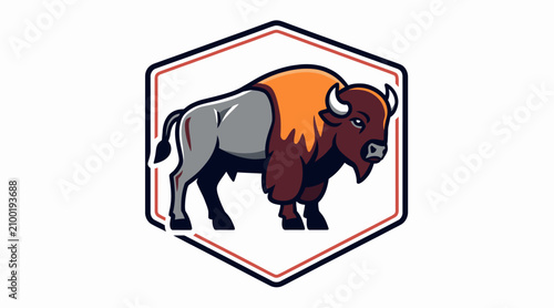 Stylized Bison Logo Illustration in Hexagon Frame - Wild Animal Icon
