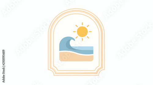Stylized Beach Scene with Sun and Wave - Vector Icon