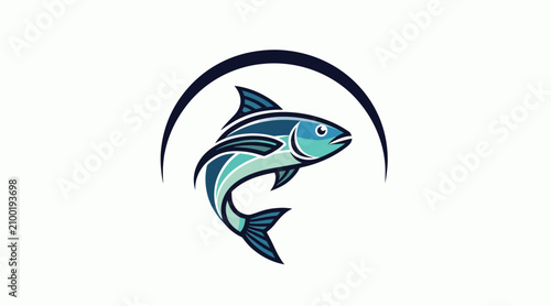 Stylized blue fish jumping into a dark blue arc with white background