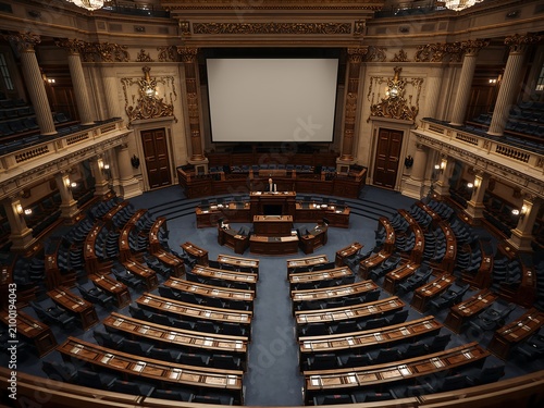 Generative AI depicts an elegant, empty legislative chamber with ornate decor