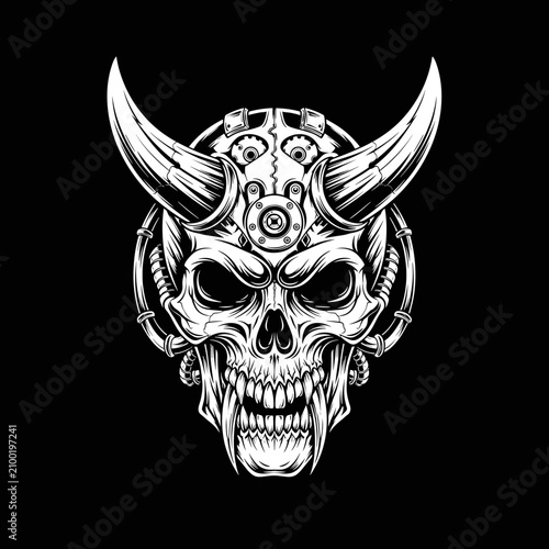 Intricate Cybernetic Skull with Horns Illustration.