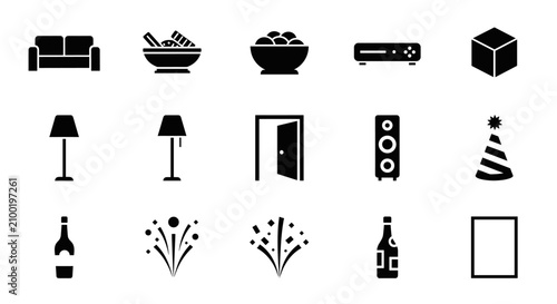 Collection of black silhouette icons representing various household items and celebration elements.
