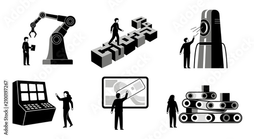 Set of six black and white illustrations depicting various aspects of technology and industry with human interaction.