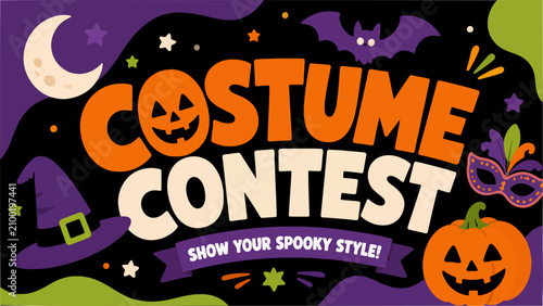 Vibrant Halloween costume contest banner featuring a jack-o'-lantern, witch hat, bat, and moon on a dark background.