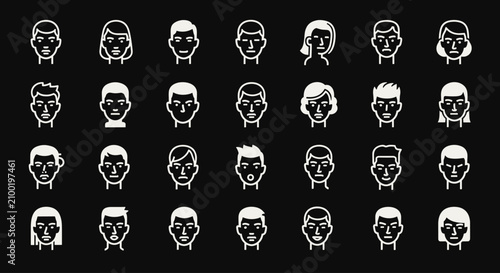 Collection of Diverse Human Face Icons in White Outline Style.