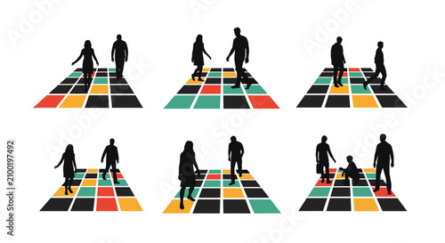 Silhouettes of people walking on a colorful checkered pattern, representing interaction and movement.