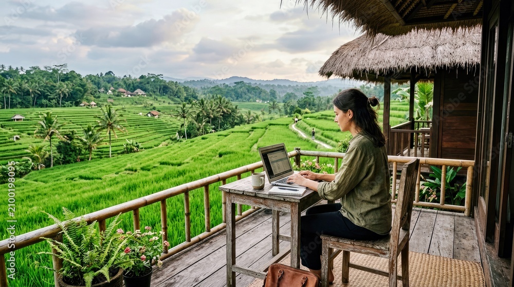Fototapeta premium Woman Working on Laptop on a Wooden Balcony Overlooking Lush Green Terraced Fields