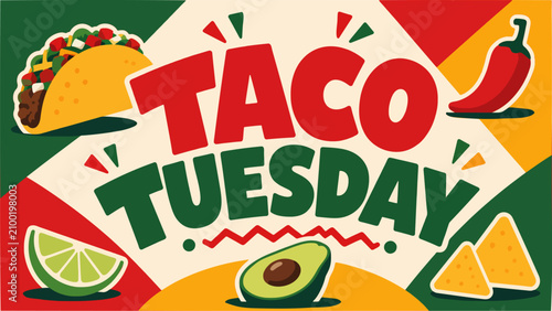 Vibrant Taco Tuesday graphic featuring a taco, chili, lime, and avocado on a colorful background.
