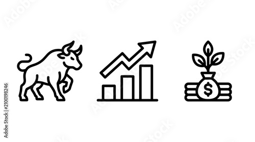 Stock market bullish growth and financial investment icons with investment business financial increase corporate prosperity management strategy performance dividend commerce development