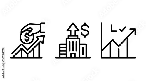 Business growth success and financial management icons with business investment corporate building increase performance financial management development strategy valuation portfolio