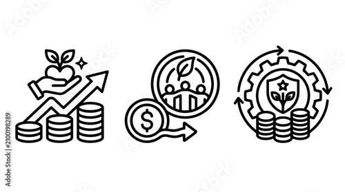 Financial growth and sustainable investment business icons with investment sustainability business protection development management corporate monochrome strategy planning optimization
