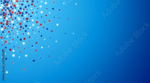 Colorful patriotic confetti stars exploding in vibrant blue sky background for celebration and independence day