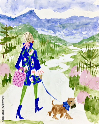 Neon bright colored woman and dog in a walk outside