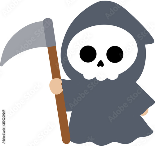 Cute grim reaper cartoon character holding a scythe for Halloween design