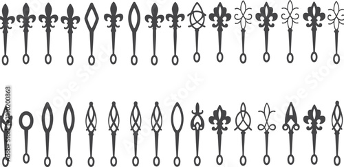 Decorative Ornate Scrollwork and Fleur-de-lis Elements Collection Keywords: ornate, scrollwork, decorative, element, fleur-de-lis, flourish, vintage, antique, classic, design, pattern