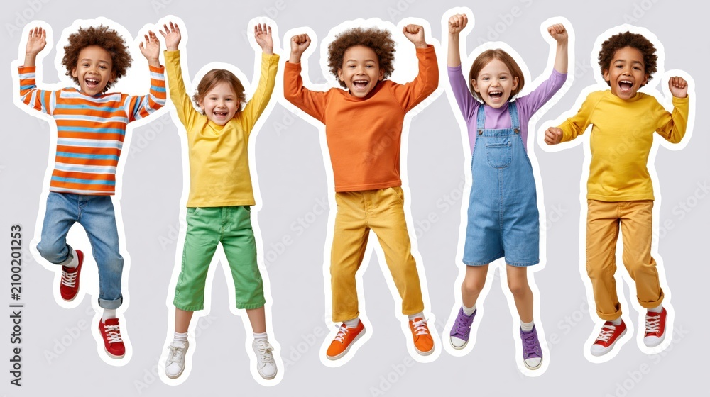 Obraz premium Diverse group of happy children jumping with arms raised in excitement