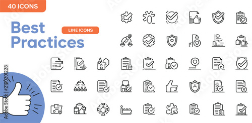 40 line icons for best practices including checklists approvals and thumbs up symbols