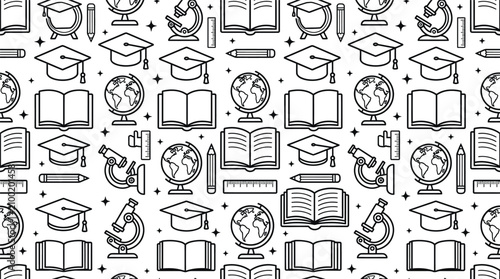Seamless black and white education pattern featuring linear icons of graduation caps, open books, microscopes, globes, pencils, and rulers on a white background for academic design.
