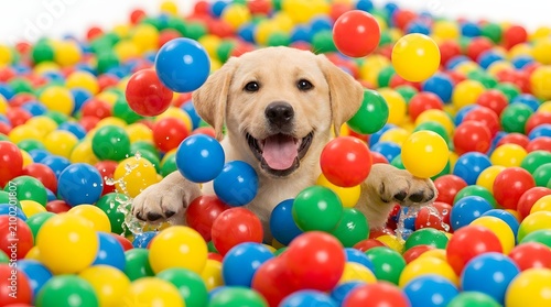 Happy young yellow lab puppy surrounded by bright plastic balls