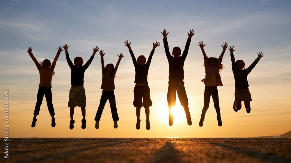 Obraz premium Children jumping in silhouette against a golden sunset sky