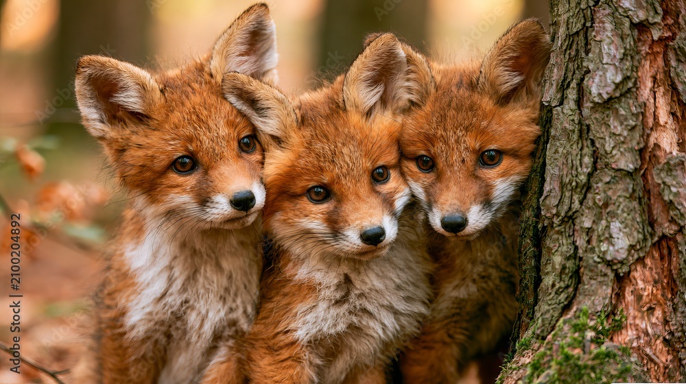 Fototapeta premium Young red foxes play in the forest. These cute wild animals are in their natural home.
