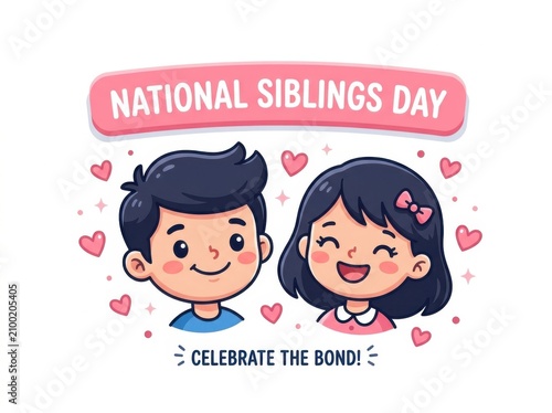 National siblings day celebration greeting card with cute cartoon boy and girl characters and hearts isolated on white background