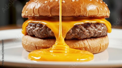Juicy Cheeseburger With Melting Cheese Oozing On Gourmet Presentation Over White Plate