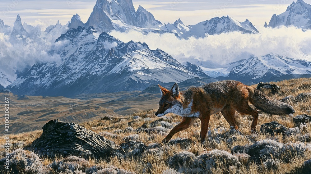 Fototapeta premium Patagonian fox runs through Patagonia mountains.