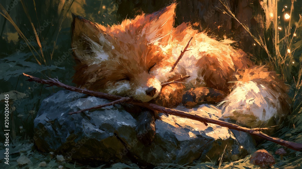 Fototapeta premium Fox cub with a twig rested by a rock in a magical woods.