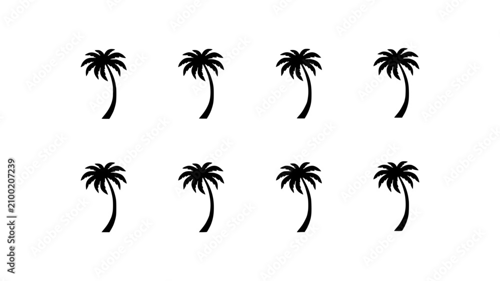 Naklejka premium Palm Trees Silhouetted in a 4x2 Grid Pattern Featuring Tree, Silhouette, Black with White and Tropical Elements for Beach