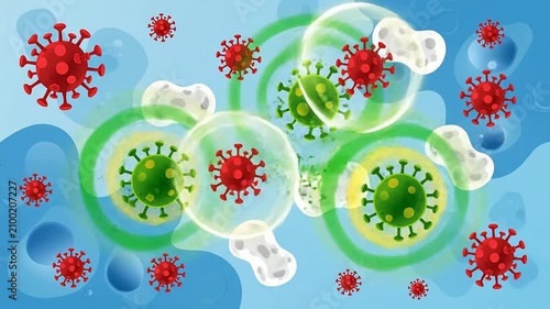 Medical Illustration of Viruses Infecting Cells, Depicting Red Viruses and Green Cells in a Scientific Biological Background