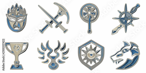 Cuadro en lienzo Fantasy Rpg Game Icons Metallic Blue And Silver Isolated Set